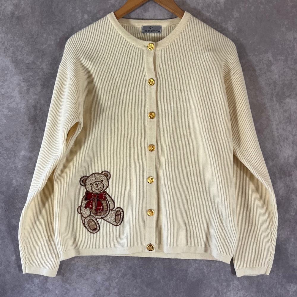 Couche Tot Cardigan Women 160 Cream Ribbed Teddy Bear Gold Button Knit Sweater